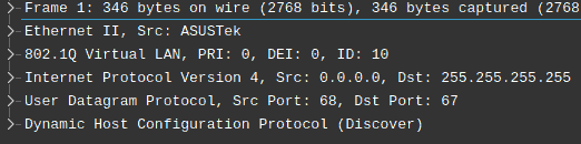 Wireshark output dump, working DHCP request