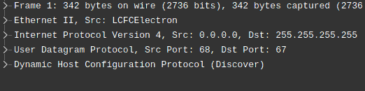 Wireshark output dump, DHCP request that was ignored by provider