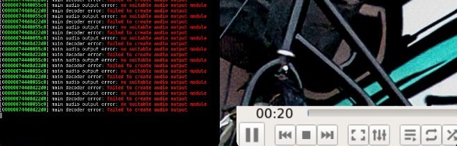 Terminal with a long error log and vlc window without video